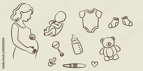 Pregnancy and baby doodle icon set hand drawn vector illustration maternal care newborn child outline collection