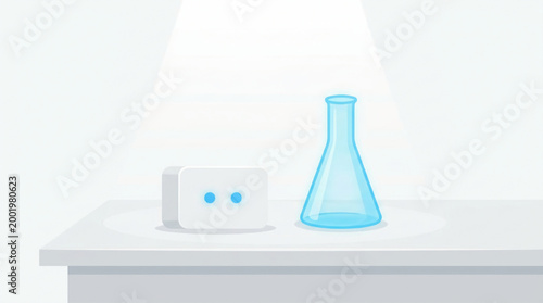 Scientific experiment setup with flask and device on laboratory table