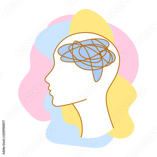 Mental health illustration. Confusion in head. Female character with psychological problems.