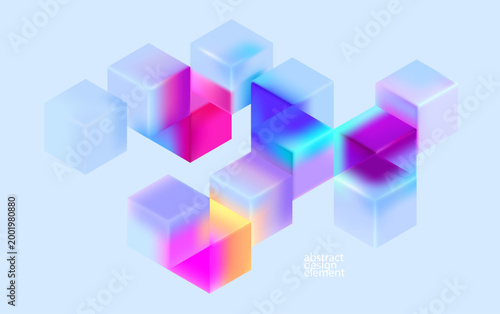 Multicolored 3D cubes. Glass iridescent geometric shape. Abstract conceptual background