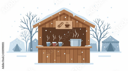 Winter market wooden stall serving hot beverages
