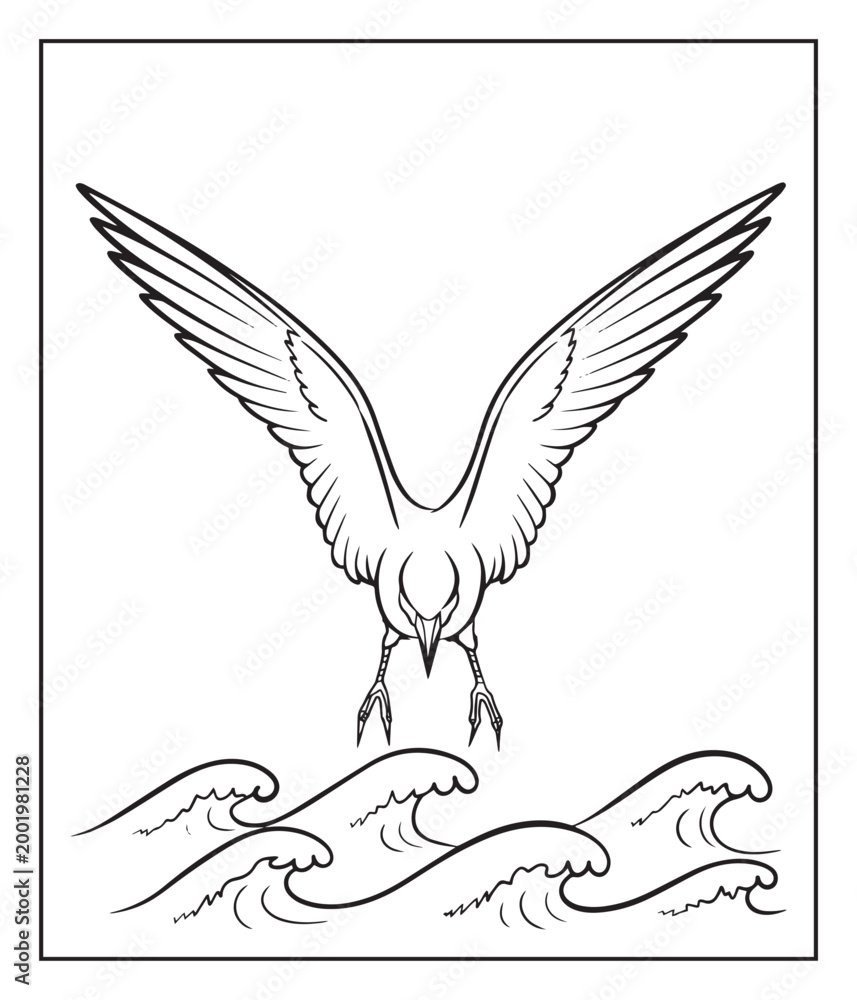 Fototapeta premium Beautiful bird with nature scene black outline vector illustration coloring page design for kids and adults