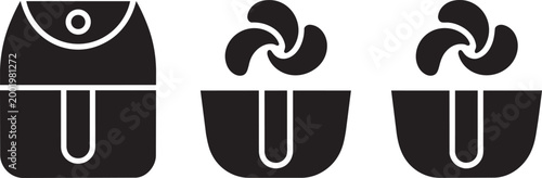 Air fryer appliance and baskets icons set representing hot air cooking technology black silhouette
