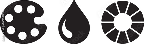 Artist palette with color depressions a paint drop and color wheel vector icons simple black