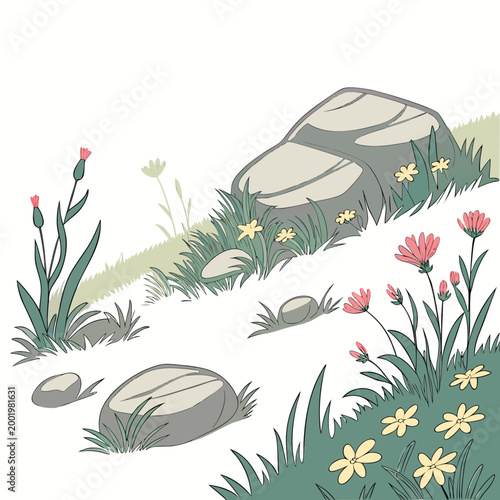 Rocks and flowers on a grassy hillside nature