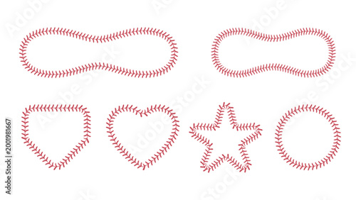 A set of shapes such as heart, star, circle, and rectangle outlined with softball-style stitching.