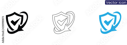 Vector icon set featuring shield with checkmark in black, line art, and blue, symbolizing security, protection, and verification on a clean white background.