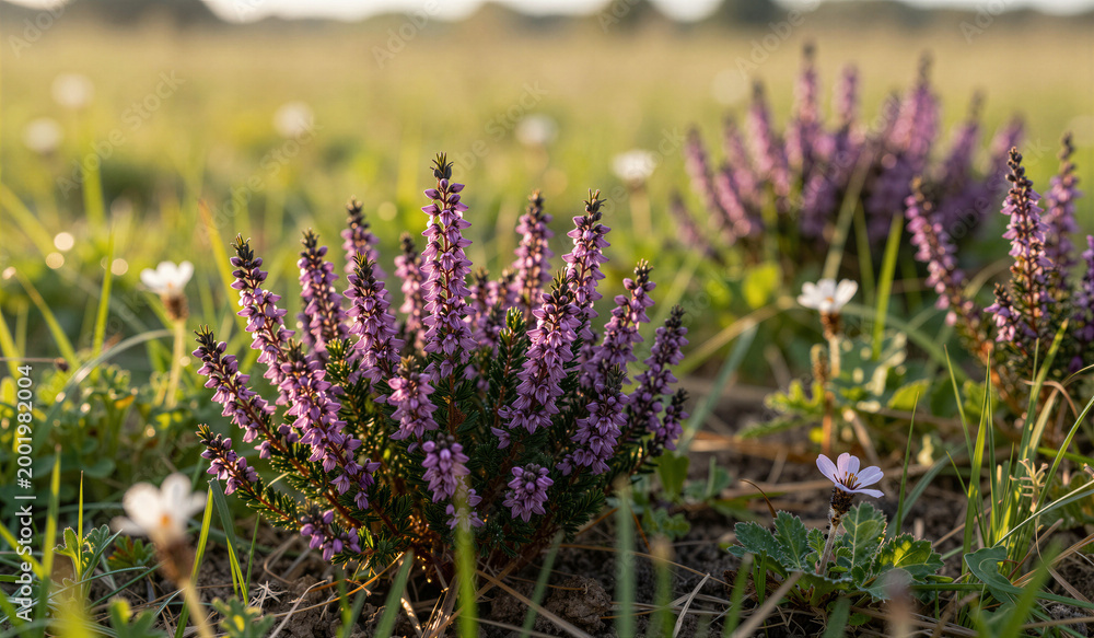 Obraz premium Heather plants flowering in grassy field at sunrise