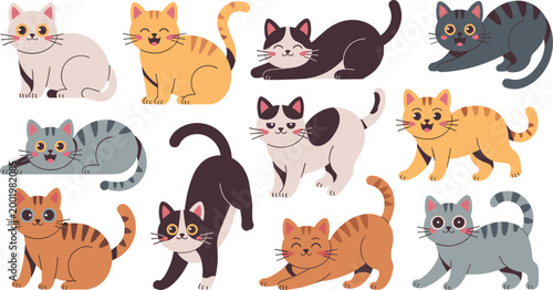 Cute cat character set with various breeds and playful poses