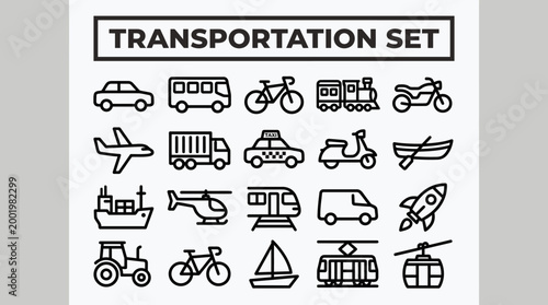 A set of various transportation icons including cars, bicycles, airplanes, and boats on a white background