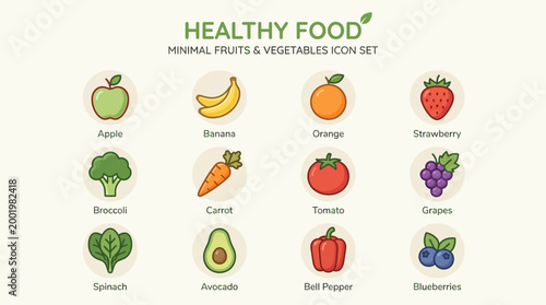 A vibrant illustration of various fruits and vegetables arranged in a colorful duotone icon sheet for a healthy food concept.