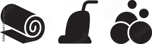 Cleaning icons set with rolled carpet vacuum cleaner and foam bubbles in modern flat vector design