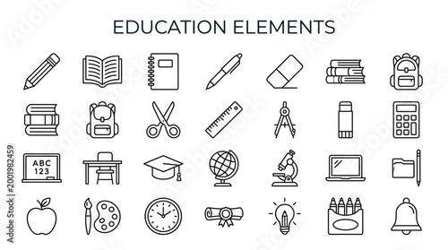 A diverse collection of educational icons featuring various tools and symbols arranged neatly on a flat surface
