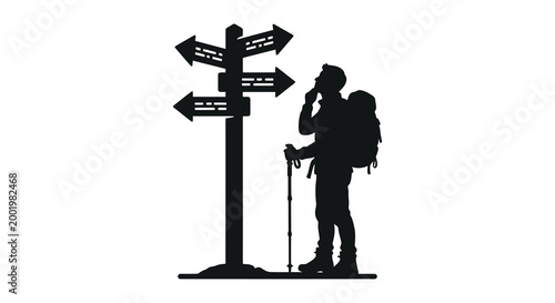 Hiker with signpost and backpack black silhouette