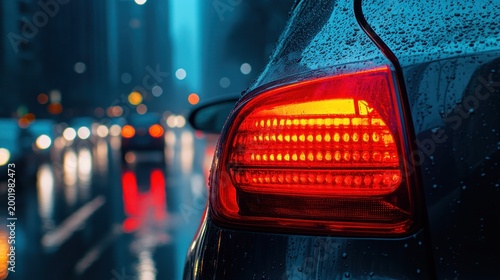 Close-up of a car taillight at night in rain
