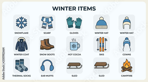 Winter clothing and gear icons.
