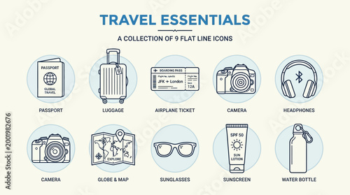 Collection of travel essentials flat line icons.