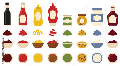 Variety of sauces and condiments in bottles and jars, with dips. Includes ketchup, mustard, mayonnaise, soy sauce, and relishes, perfect for food, dining, and culinary themes.