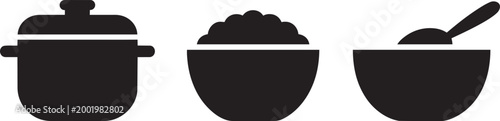 Cooking kitchen food icons set with pot rice bowl and spoon vector for web app ui design with eat