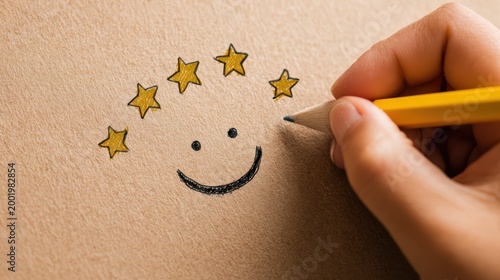 Hand Drawing Smiley Face with Yellow Pencil and Gold Stars on Brown Paper Background