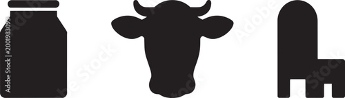 Dairy milk production icons set cow head milk bottle milking stool flat design farming food ui apps
