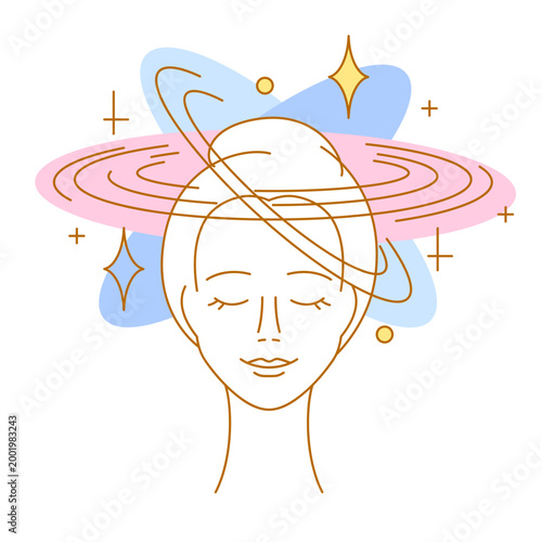 Mental health illustration. Dizziness in head. Female character with psychological problems.