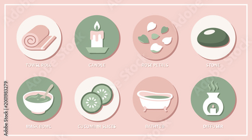 Collection of Spa and Wellness Flat Icons on Pale Pink Background for Relaxation