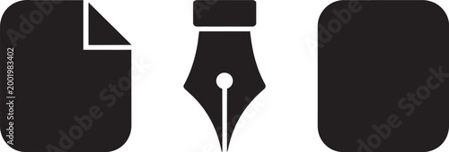 Document fountain pen nib and application frame icons set in black flat vector graphics style