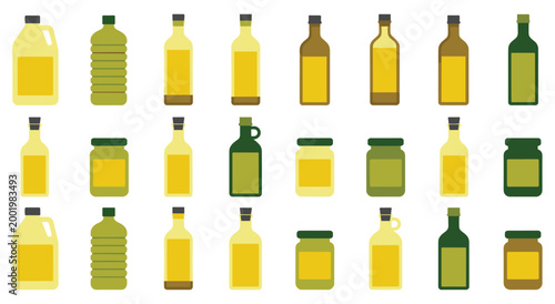 Variety of organic vegetable oil containers including olive oil bottles and storage jars. Different shapes and sizes of glass packaging for food pantry organization and culinary products.