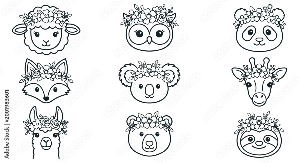 Obraz premium Collection of adorable animal heads wearing detailed flower wreaths including panda koala sheep fox giraffe sloth bear llama owl. Beautiful black and white line art for coloring pages.
