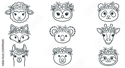 Collection of adorable animal heads wearing detailed flower wreaths including panda koala sheep fox giraffe sloth bear llama owl. Beautiful black and white line art for coloring pages.