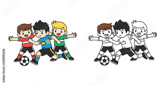 Cute cartoon kids playing soccer illustration. Colored version and black and white line art outline for coloring book page. Vector graphic of boys playing football.