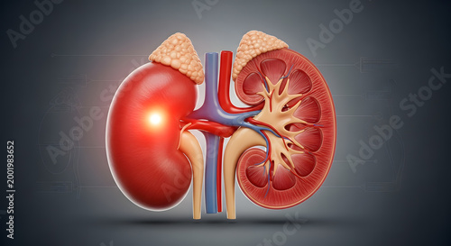 Sectioned human kidney alongside a complete kidney with adrenal glands showing detailed internal and external views