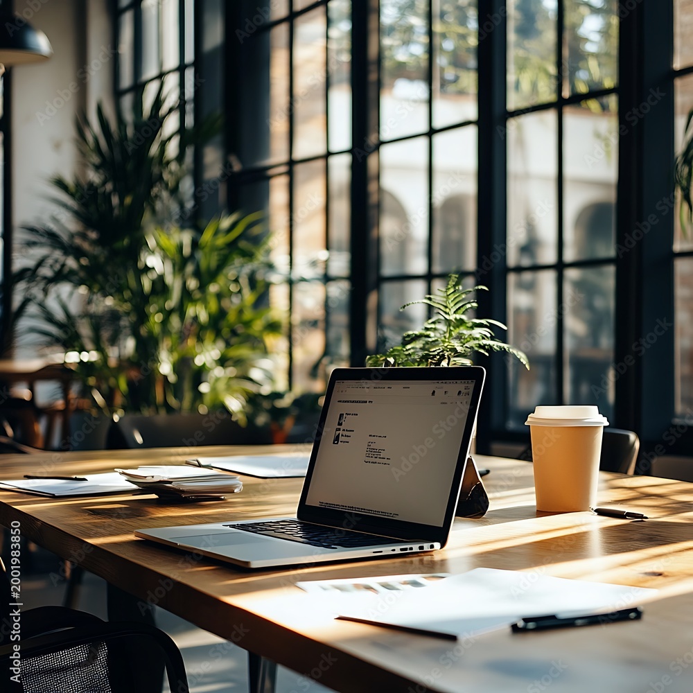 Fototapeta premium Modern workspace with laptop, coffee cup, and plants by a large window