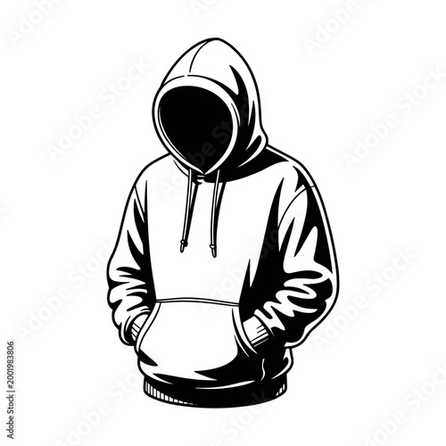 Hoodie. Graphic drawing of anonymous character wearing hood with hands in pockets. Clean bold lines and high contrast shading perfect for streetwear logos posters or urban clothing designs.