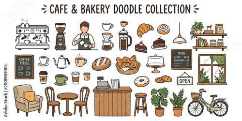 Cafe bakery doodle collection. Doodle collection of cafe and bakery items, featuring coffee machine, barista, pastries, cakes, and cafe interior elements. Vector illustration.