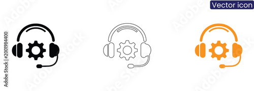 Vector icons of headsets with gears on white background, ideal for customer service, support, and technical concepts.
