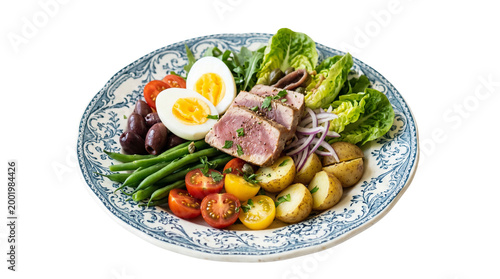 Traditional Niçoise Salad with Tuna, Boiled Eggs, Olives, and Crisp Vegetables on a Clean White Background