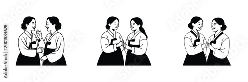 Two Korean Women Friends in Hanbok Talking and Laughing Together – Traditional Asian Friendship, Happy Conversation, Cultural Heritage Illustration