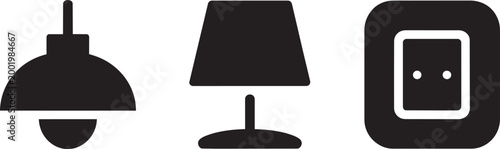 Home electrical icons set with minimalist solid black silhouette of a ceiling lamp a table lamp