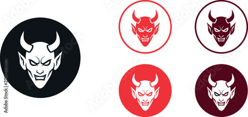 Devil face logo collection featuring horned demon head icons in circular badges with bold evil expressions for dark and horror branding