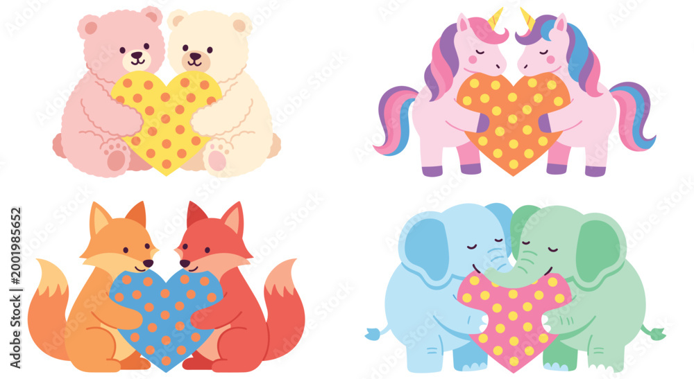 Fototapeta premium Adorable illustrations featuring bear unicorn fox and elephant characters embracing patterned hearts. Lovely set of vector stickers perfect for romantic greeting cards posters and love themes.