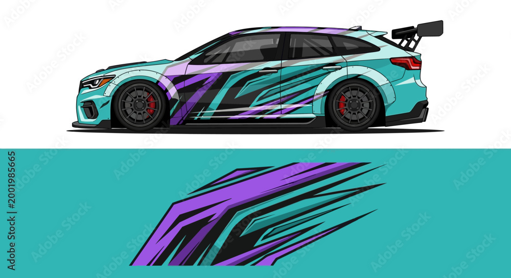Fototapeta premium Colorful teal and purple racecar side view with dynamic graphics and winged detailing.