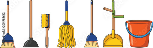 Cleaning supplies collection, household chore equipment, broom, plunger, scrub brush, mop, dustpan, bucket, sanitary tools for home cleaning, flat vector illustration