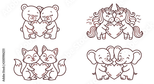 Bear, unicorn, fox, elephant couples, holding heart, love and friendship, cute characters, Valentine's day, romantic illustration.