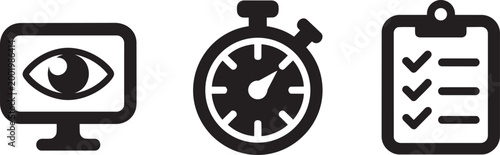 Monitoring time management and task checklist icons set with monitor stopwatch and clipboard vector