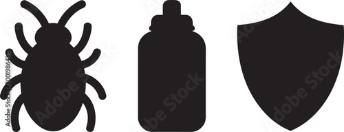 Pest control and protection icons set featuring insect spray bottle and shield for home safety