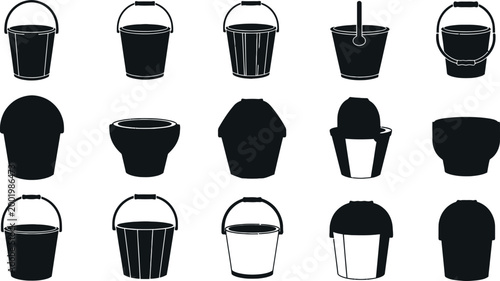 Bucket silhouettes collection with various shapes and handles isolated black container icons set in minimal flat vector style