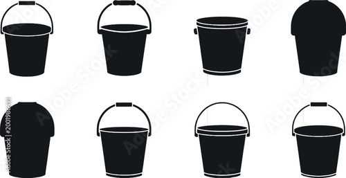 Black bucket silhouettes set with different shapes and handle styles isolated minimal container icons in flat vector illustration