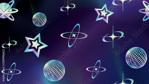 Holographic Y2K seamless pattern, iridescent retro futuristic background with chrome stars and planets, acid graphic aesthetic wallpaper, liquid metal space texture